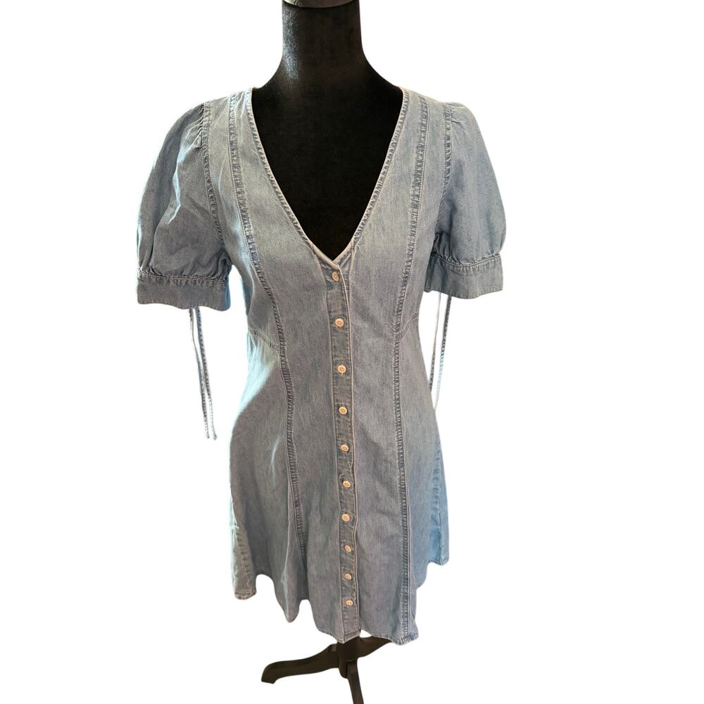 Madewell Denim Button-Front Mini Dress Puff Sleeve Light Wash V-Neck Size 4